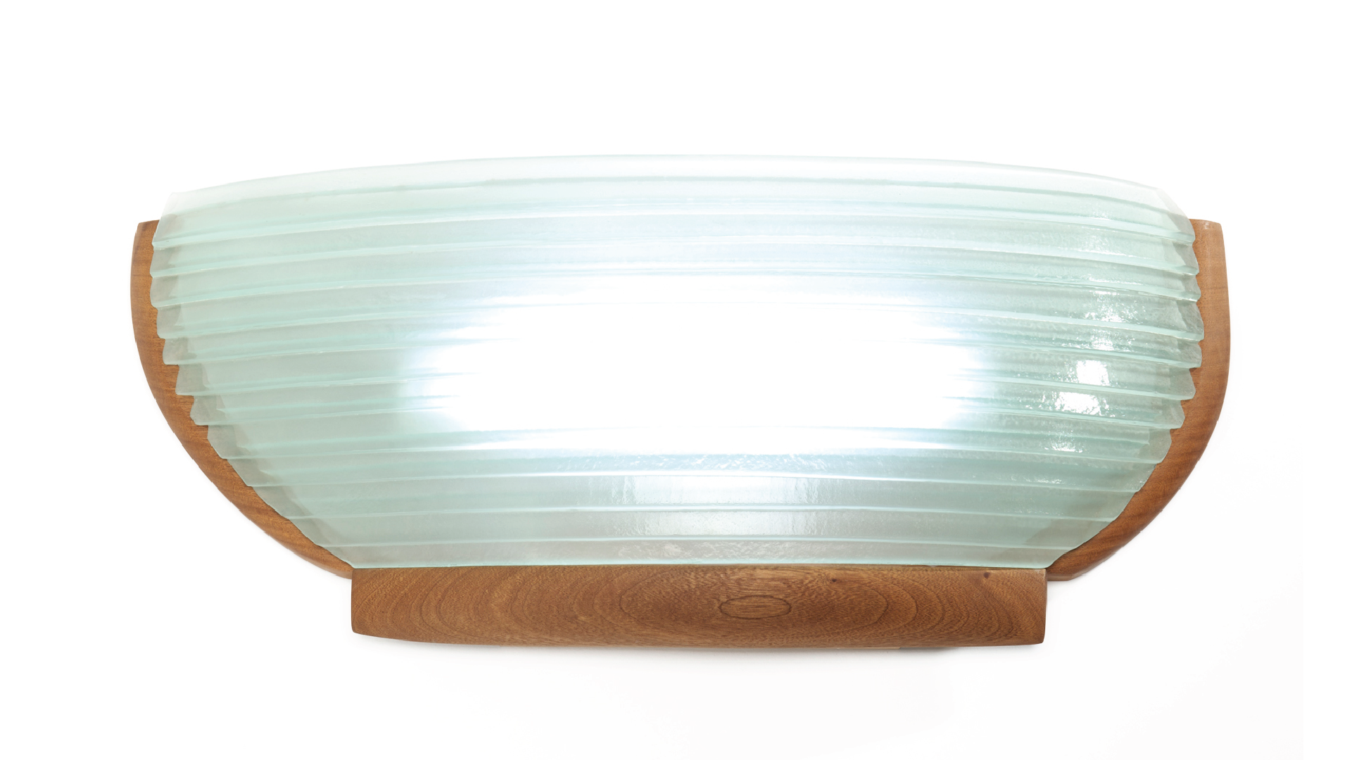 Wall sconce made with a wood structure and textured glass, presenting a space for an illuminated object. Lights inside the product are turned on.