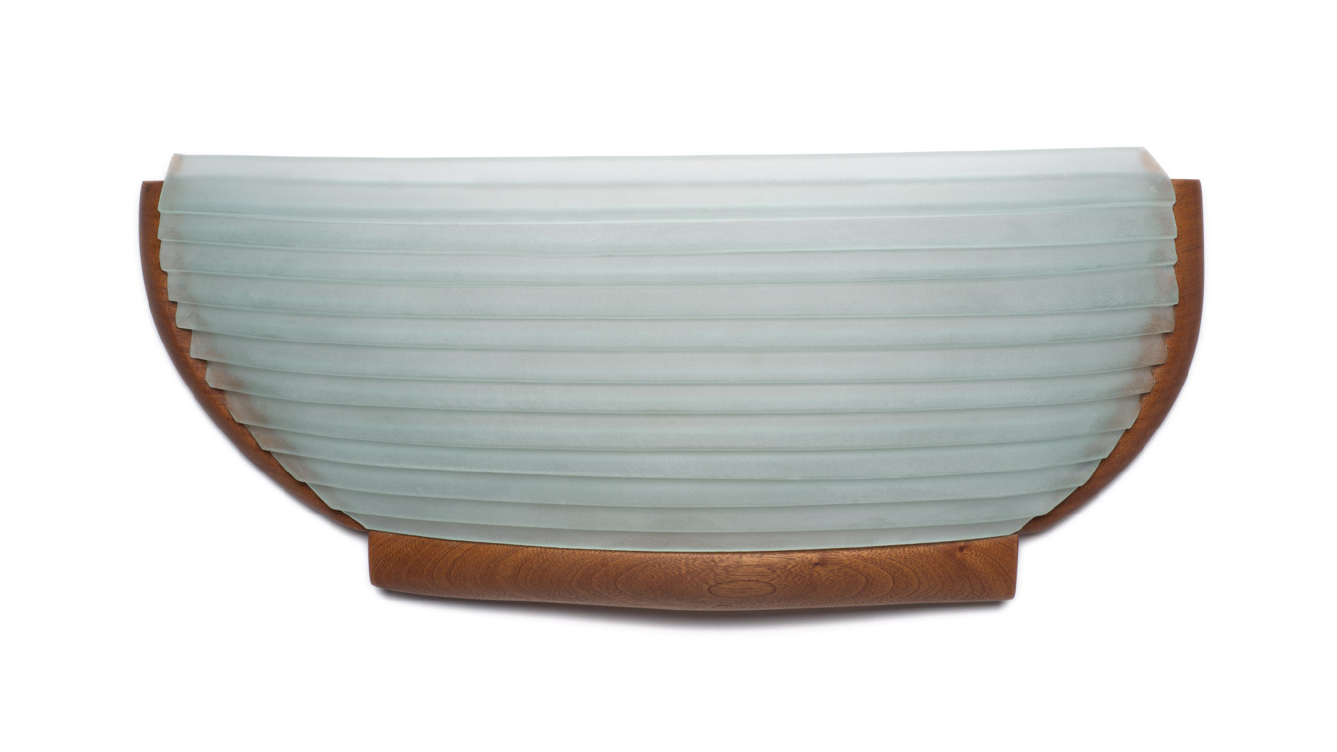 Wall sconce made with a wood structure and textured glass, presenting a space for an illuminated object. Lights inside the product are turned off.