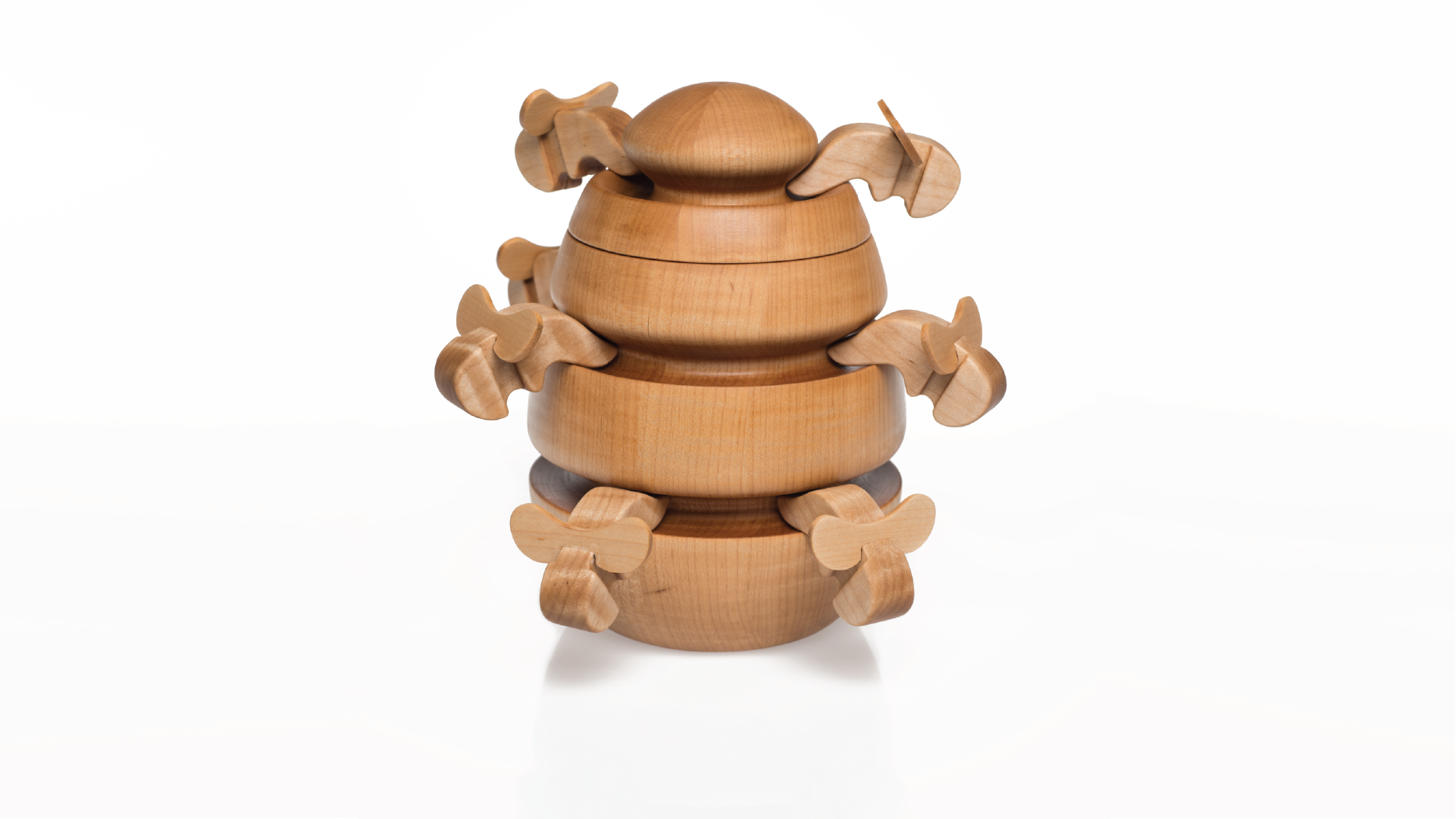 Wooden vessel that represents a beehive with wooden bees hanging from the outside.