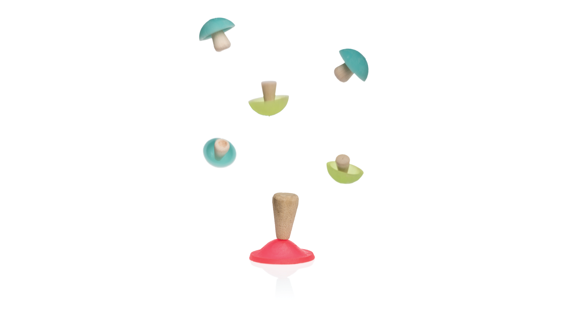 Mushroom toy inverted with 5 other toys floating on the scene.