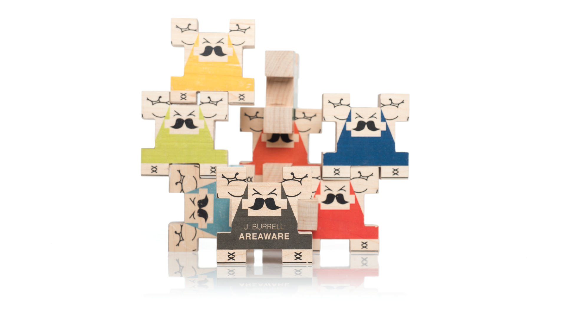 Six wooden building block men stacked together in a multitude of ways.