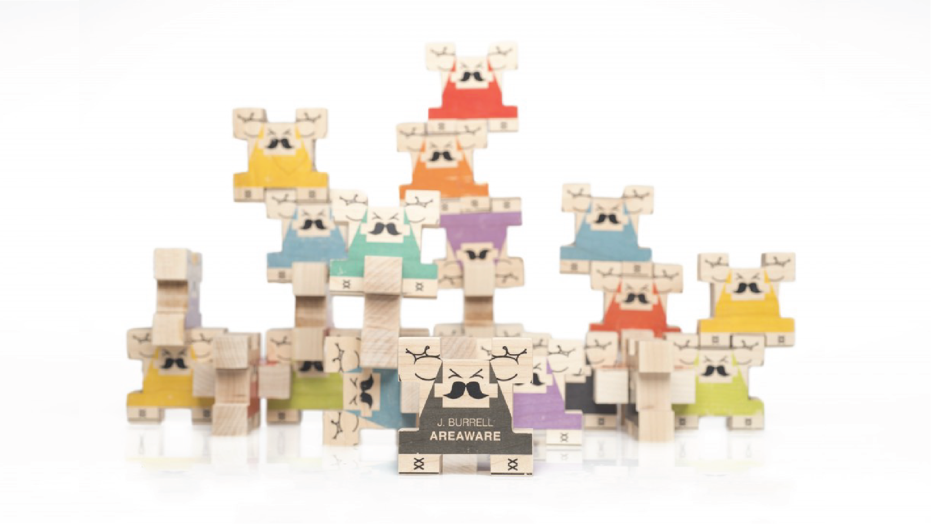 Play set of ten wooden building block men stacked together in a multitude of ways.