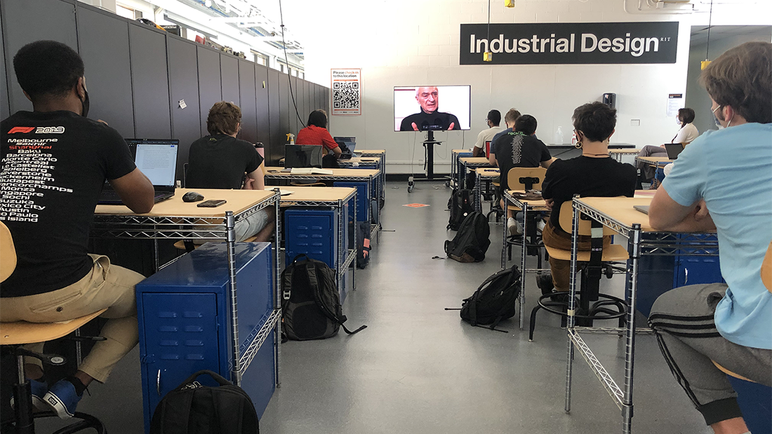 Students watching the Vignelli's documentary at the industrial design space.
