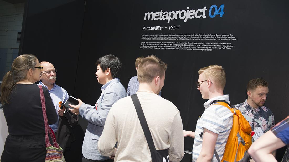 Students and guests looking at the display for metaproject 04 at ICFF.