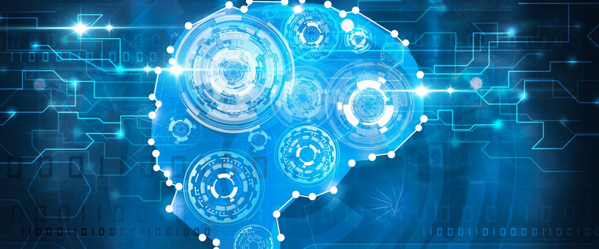 Blue digital art of a brain with gears and lines of electricity.