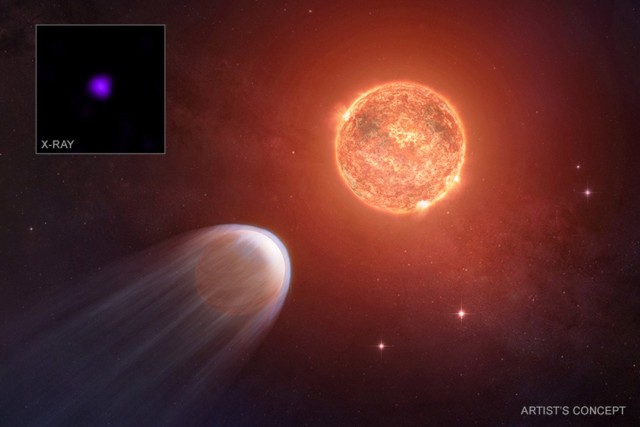 An artist concept shows a glowing red dwarf star shining in space. A gas giant exoplanet with a stream of atmospheric gas trails behind it as it orbits the star. A small inset shows a purple based X-ray image that highlights high energy emission from the star system.
