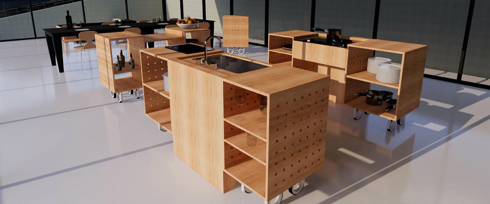 artist rendering of modular kitchen cabinets on wheels.