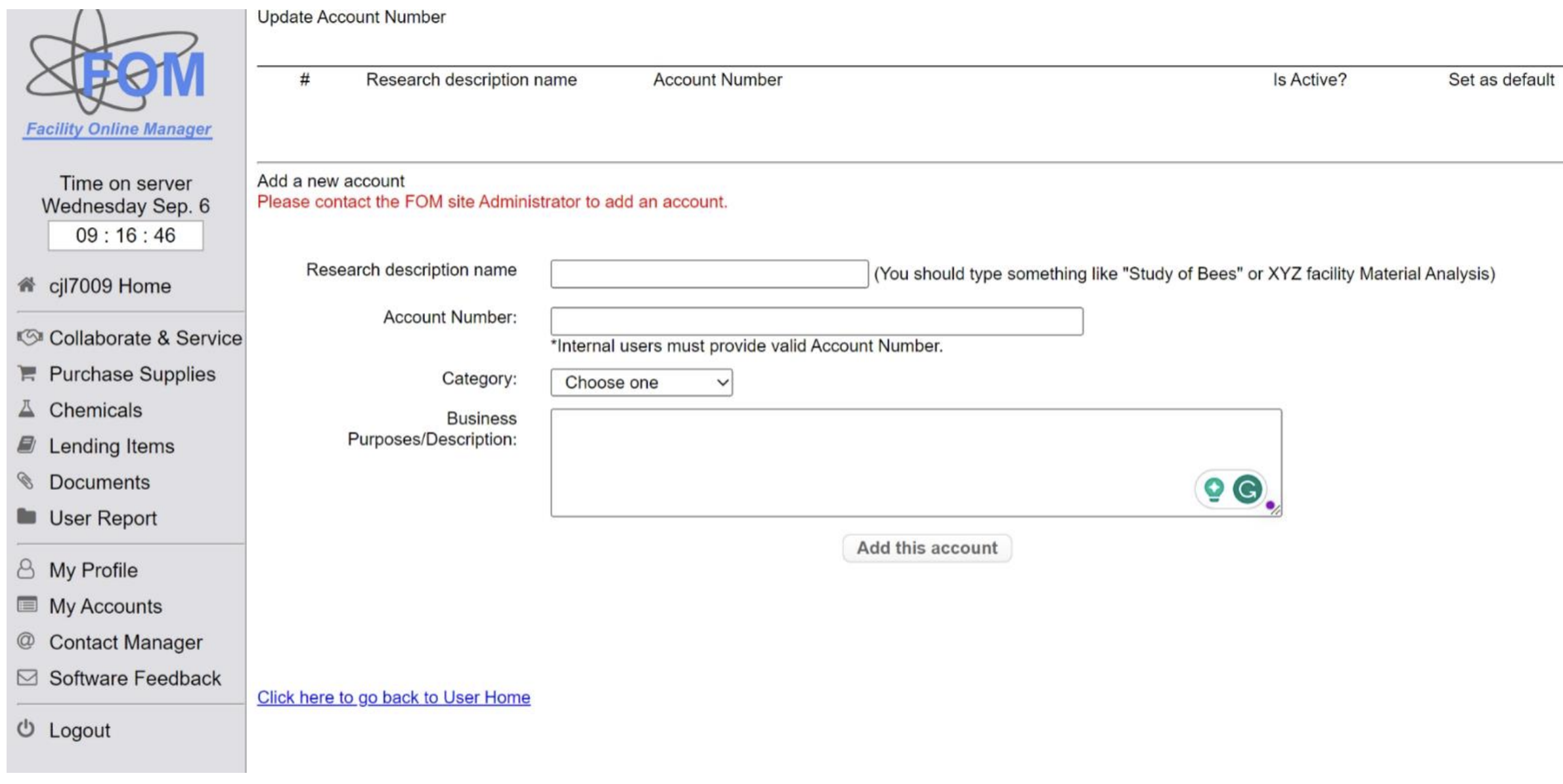 screenshot of the FOM registration form