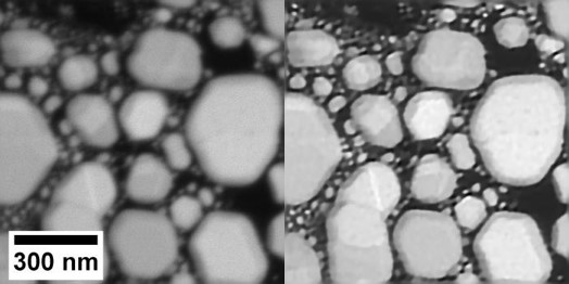 617 Gold Standard. The image on the left was taken with the same operating conditions as the 3kV nanoparticles shown in Figure 1, bottom leftmost image. The image on the right is the restored image, which used the PSF determined for 3kV in Figure 1, bottom rightmost image. Both images shown here have the same scale.