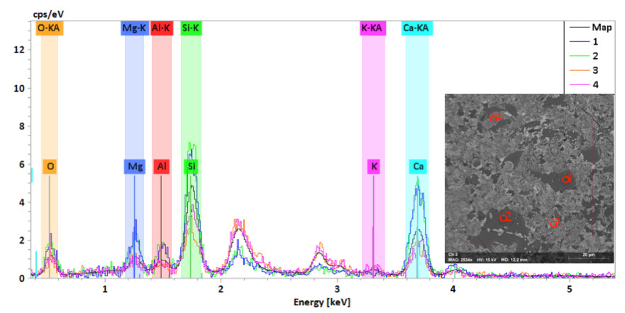 G5 SE images with EDS spectrum, curves 1, 2 are the particles, and 3, 4 are the background.