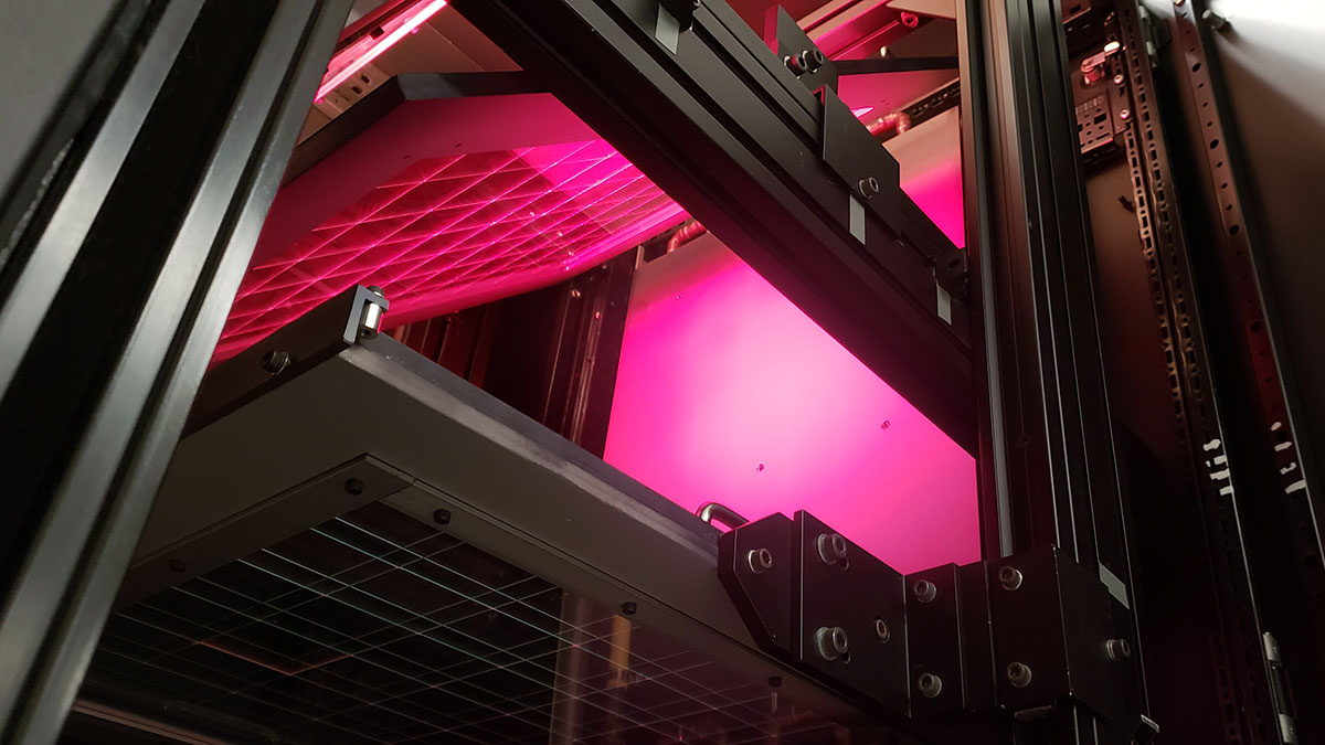 a large piece of imaging equipment, with a pink glow.
