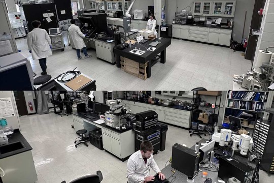 a split picture with the top having 3 people working around a centralized lab bench, the bottom having a person sitting at an optical table with computers and instrumentation in front of him and lab benches behind him. 