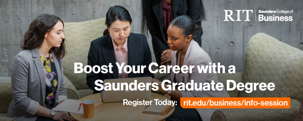 graphic with image of three women in a meeting and the words, boost your career with a Saunders graduate degree, register today.