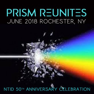 A photo of a prism splitting light into a spectrum of colors on a black background under text that reads "PRISM REUNITES: June 2018, Rochester, NY"