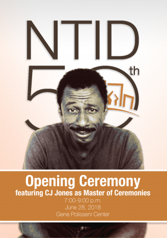 CJ Jones sits in front of the NTID's 50th logo, with text reading "Opening Ceremony featuring CJ Jones as Master of Ceremonies, 7-9 p.m. June 28, 2018, Gene Polisseni Center"