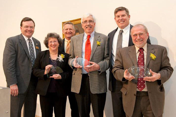 Lisa Elliot, Bill Clymer, James De Caro receiving the Award for this project at The Stem Leadership Celebration Event at NTID. They are standing with Gerard Buckley, NTID President and RIT vice President and Dean of RIT, Jeremy Haefner, RIT Provost, and Ryan Rafaelle, RIT Vice President for Research and Associate Provost