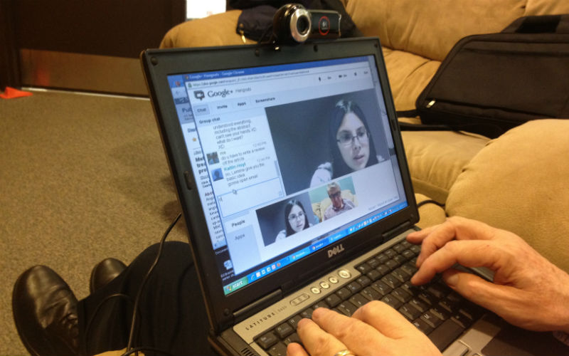 A tutor is communicating with a student through chat using Google plus hangout.