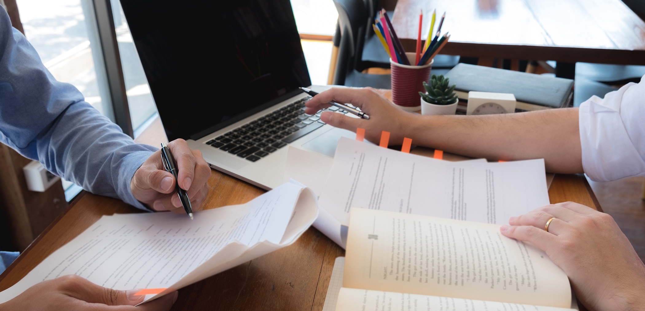 Two faculty researching information and recording on laptop