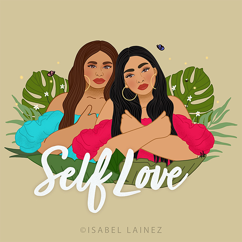 Stylized illustration of two women surrounded by flora and fauna with script text that reads 'Self Love'