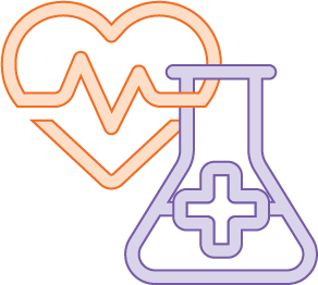 Two icons shows intertwined – a heart with a pulse line and a beaker with a plus sign