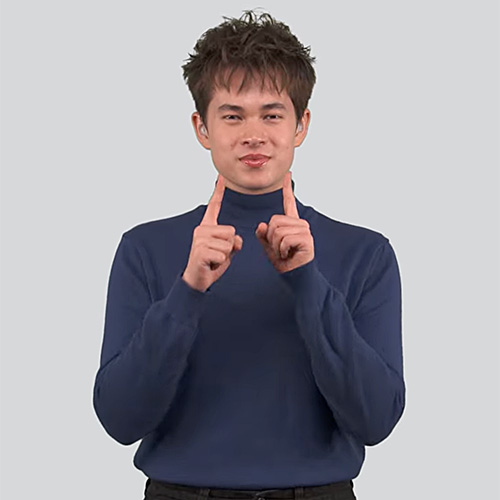 A person in a blue turtleneck signing the word 'interview' in ASL.