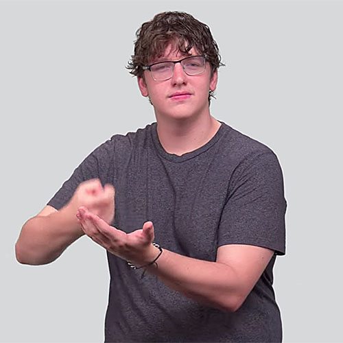Person wearing a short-sleeve gray t-shirt making the American Sign Language sign for 'hockey.'