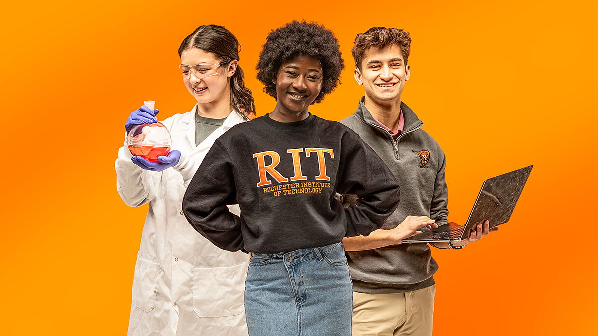 Eyf Rit Three students standing against an orange background, including one in ...