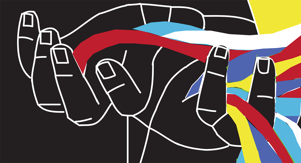 Painting by Nancy O'Rourke of colors flowing through open hands