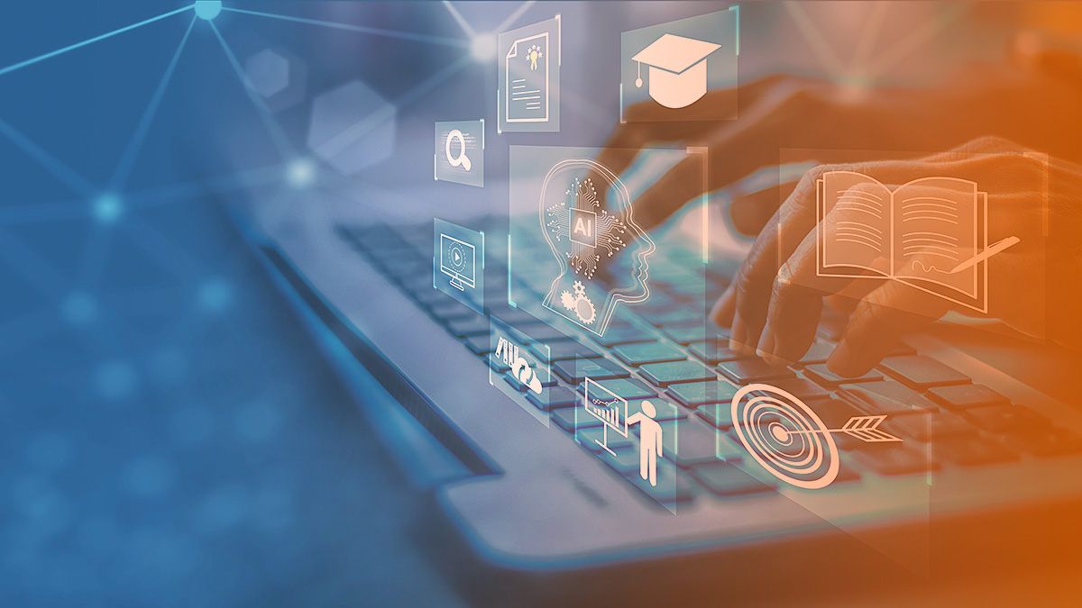 Close-up of hands typing on a laptop keyboard, overlaid with glowing digital icons representing artificial intelligence, education, data, and learning, set against a blue and orange gradient background.