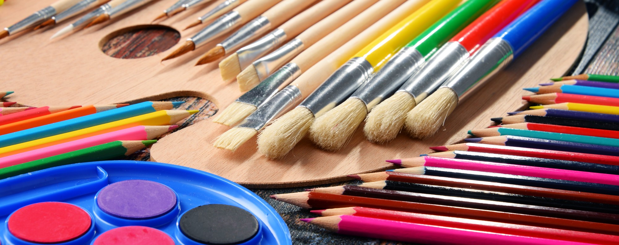 paint, paint brushes, color pencils 