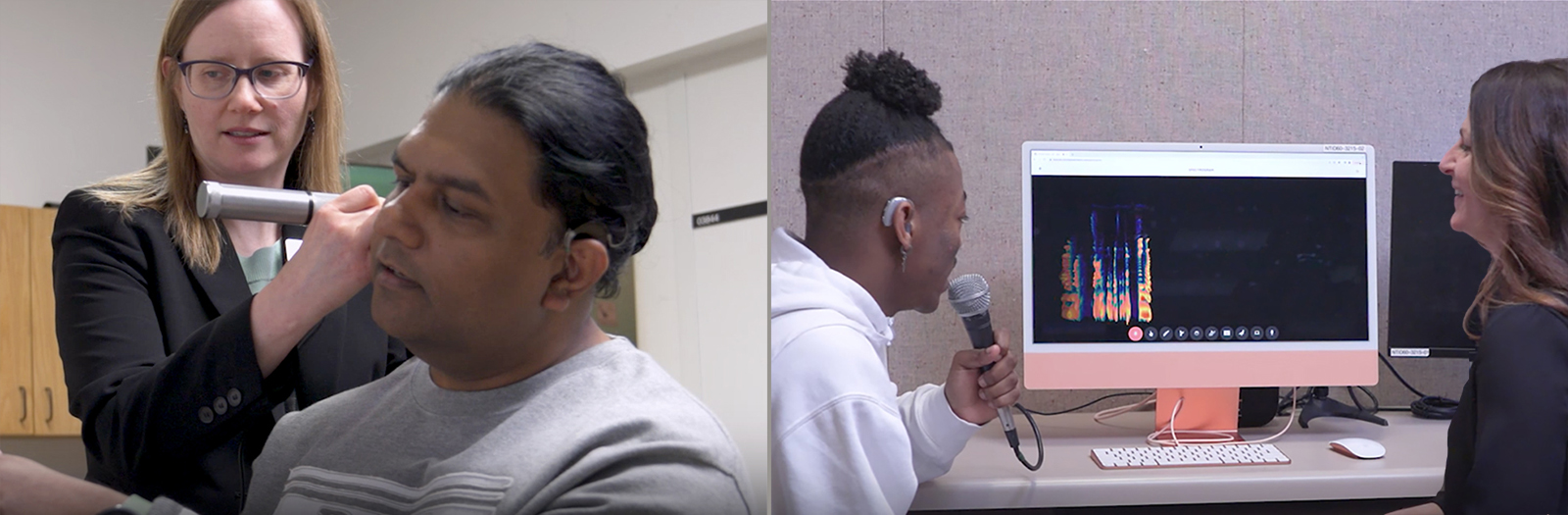 Two photos in clinic with computer displays, right photo of speech therapist with student, left of audiologist and student.
