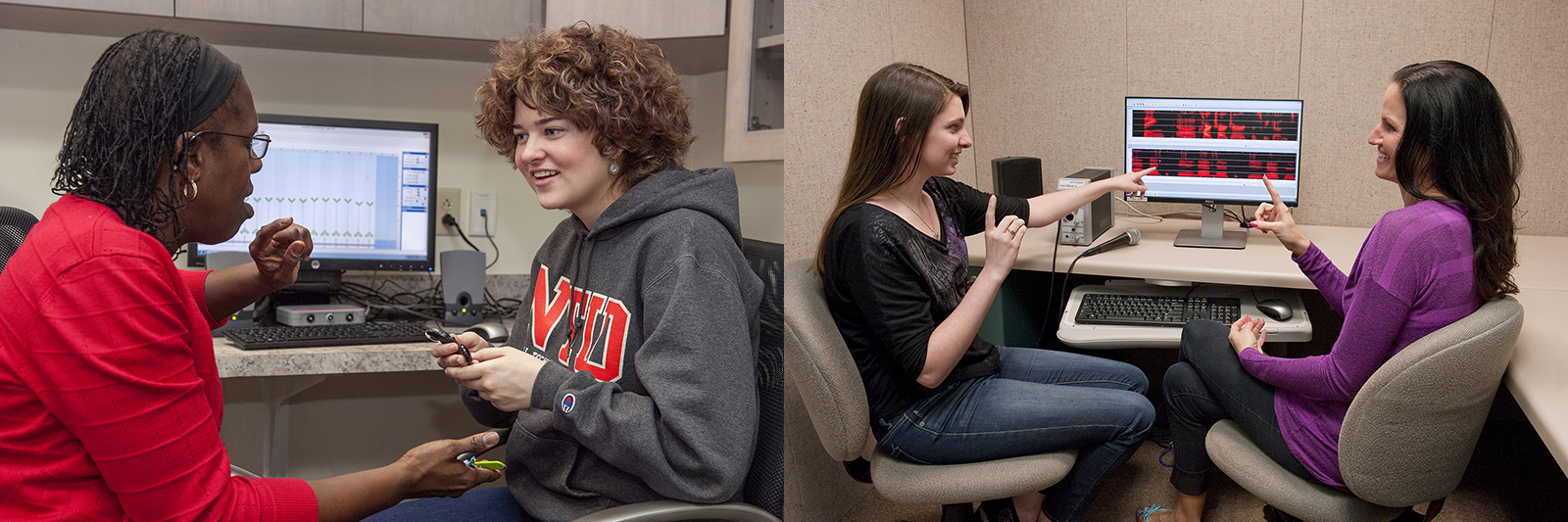 Two photos in clinic with computer displays, right photo of speech therapist with student, left of audiologist and student.