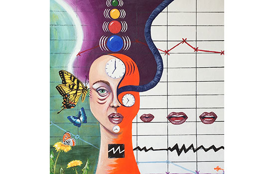 Artwork with a woman's face, butterflies, clocks, grid, colored balls, flowers and more