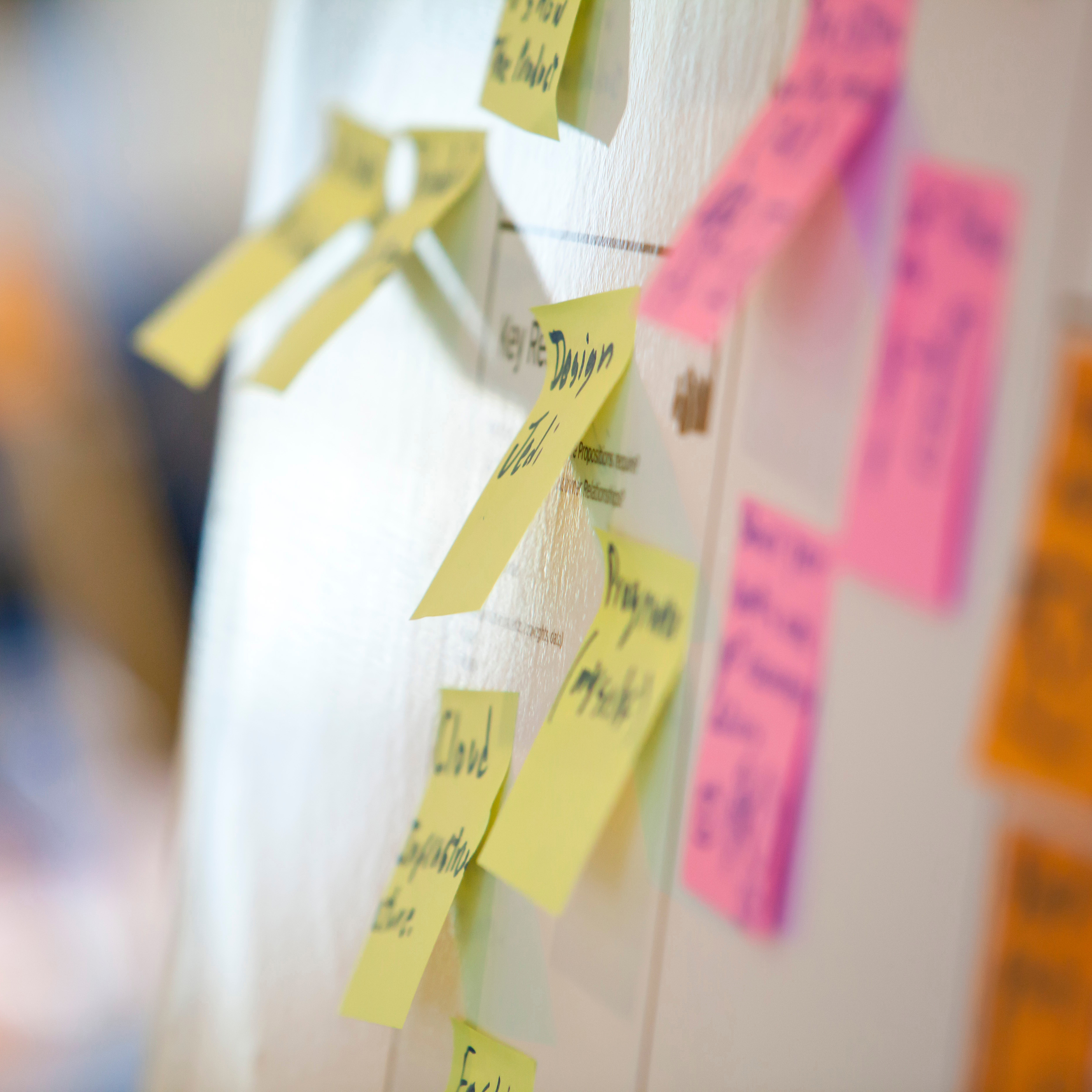 Close up of sticky post it notes on whiteboard