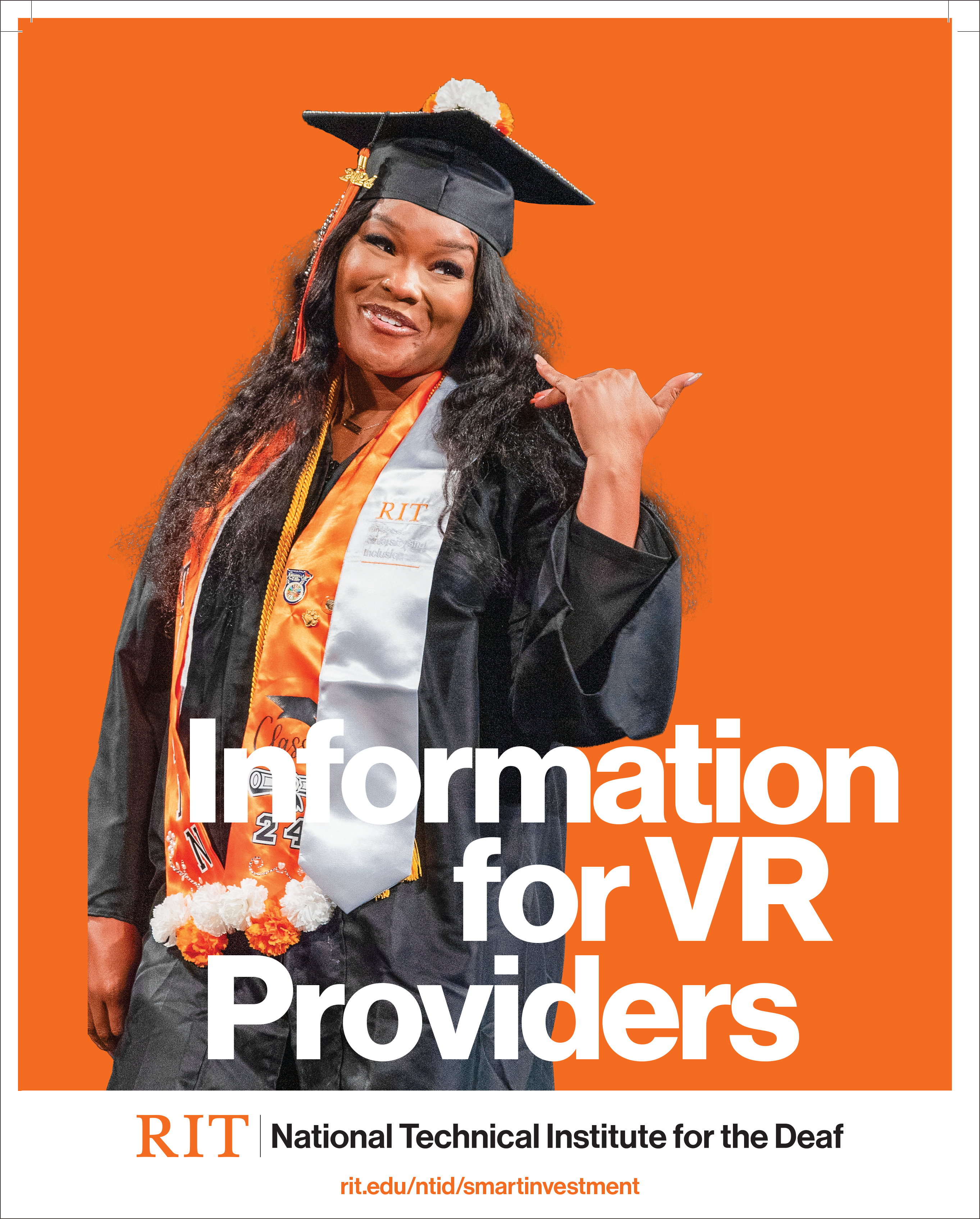 Brochure cover titled "Information for VR Providers" with photo of a female graduate