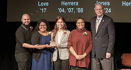 Kristi Love, Denise Herrera, Amberlee Jones, and Emilio Hernandez of ​​The Randleman Program pictured with RIT President Munson.