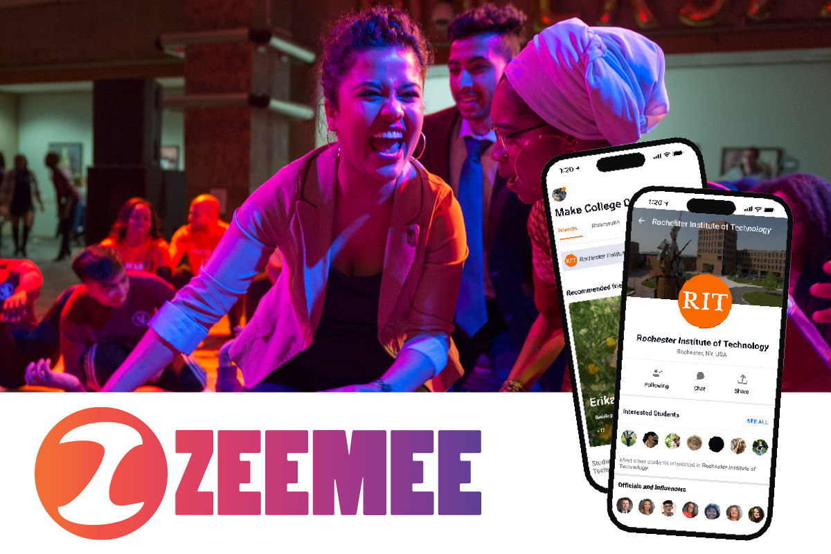 Students dancing with ZeeMee logo with mobile phone showing ZeeMee app