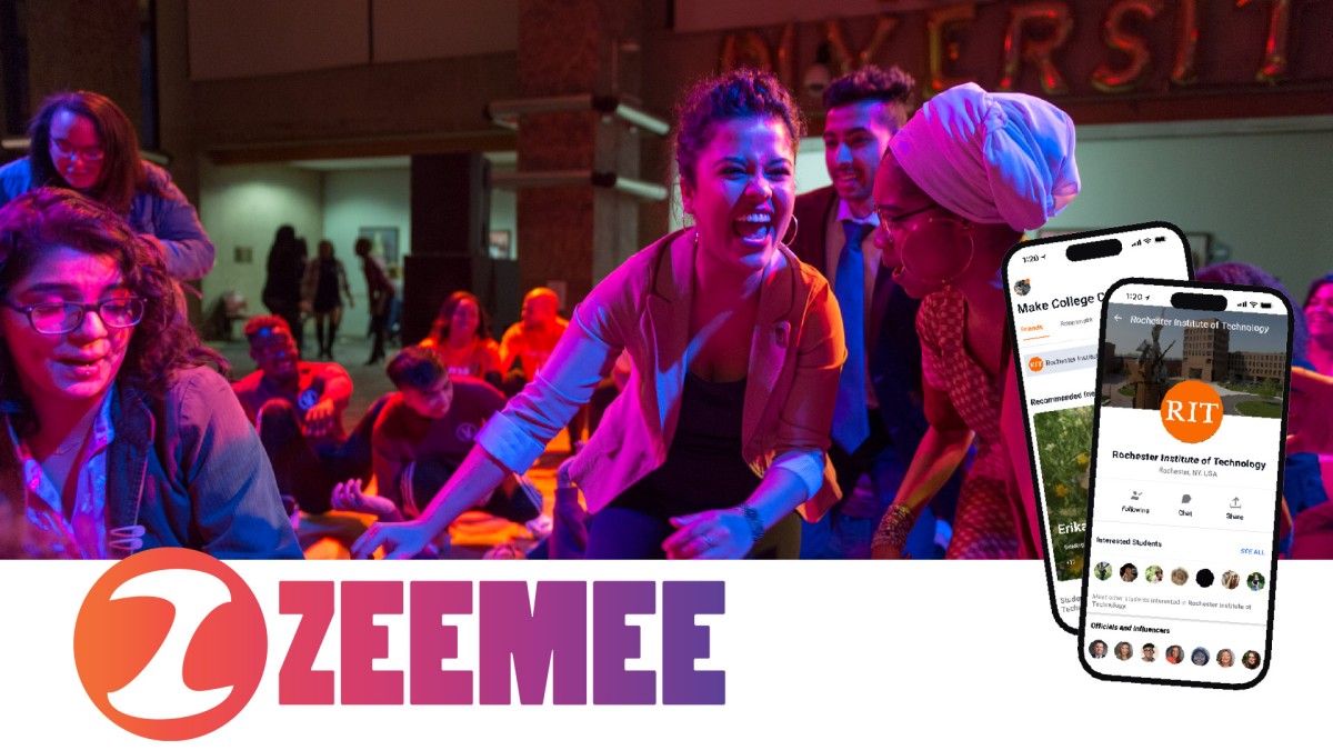 Photo of students dancing with screenshots of the ZeeMee app on a phone with the ZeeMee logo in the bottom left corner