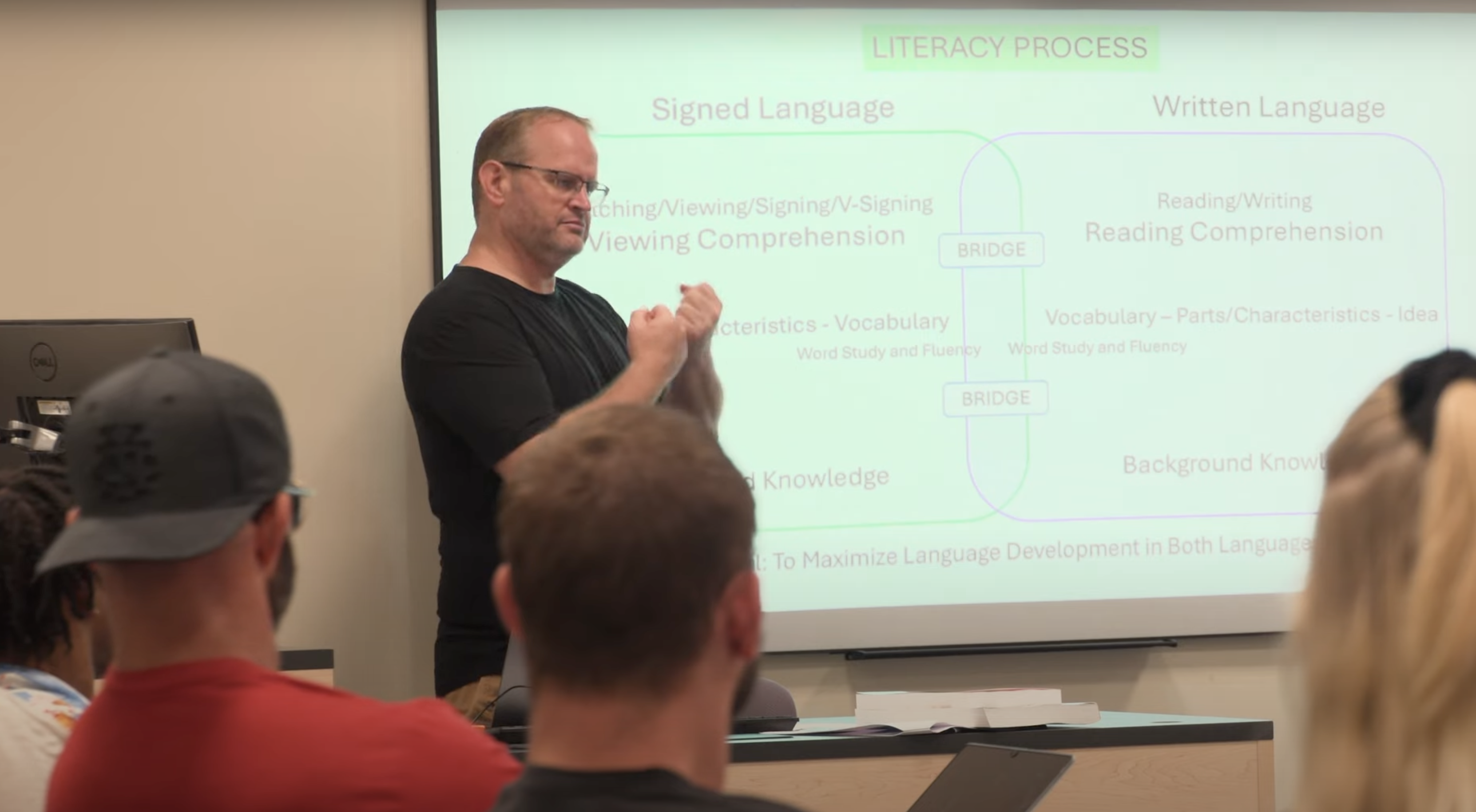 A teacher signing to a class of students