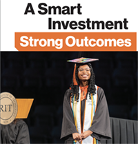 Brochure cover titled "A Smart Investment, Better Outcomes" with photo of a female graduate