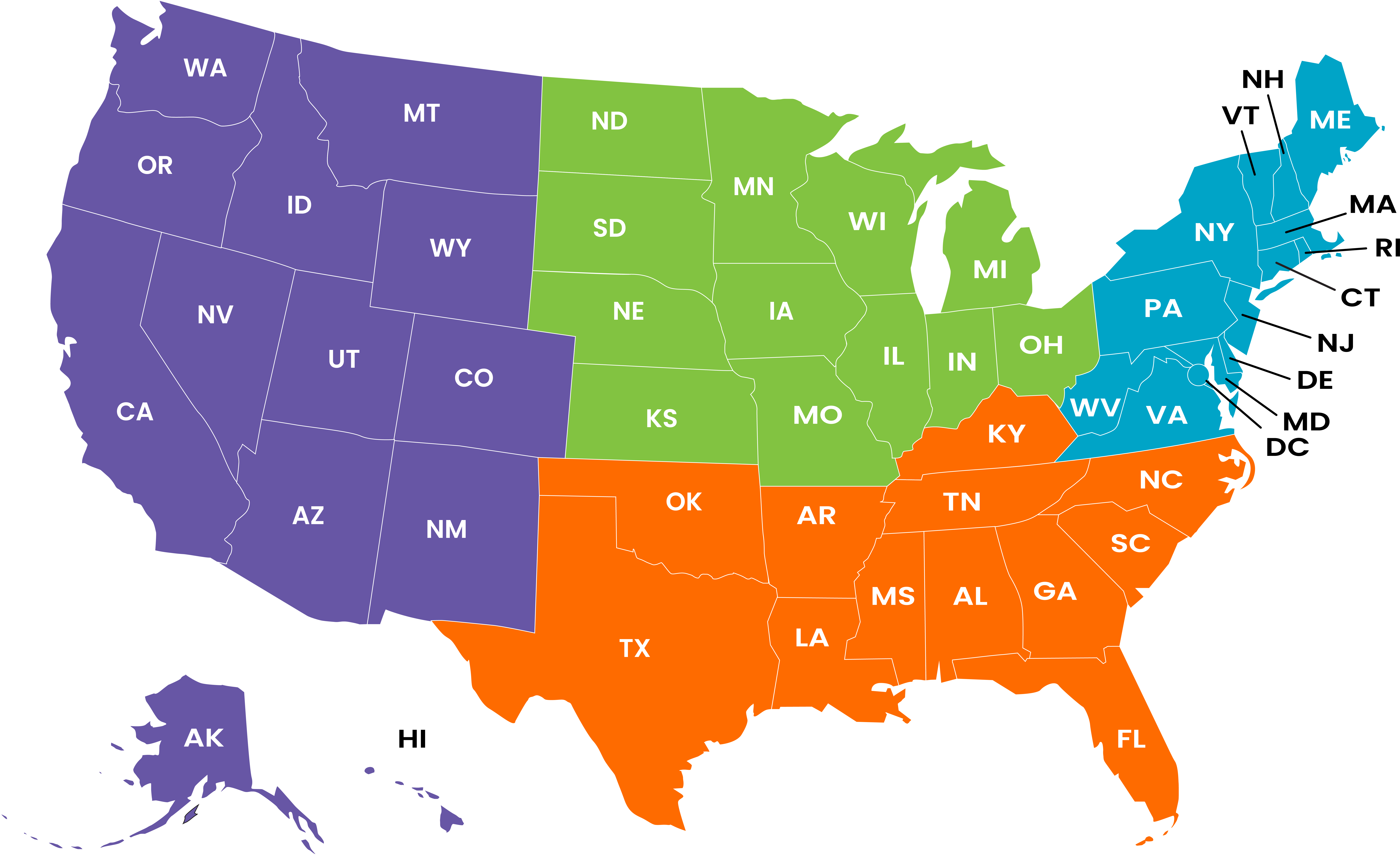 Map of the United States in four different colors depicting West, Southeast, Midwest, and Northeast regions. The Southeast region is colored orange and includes the states of AL, AR, FL, GA, KY, LA, MS, NC, OK, SC, TN, and TX. The Northeast region is colored blue and includes the states of CT, DE, MD, MA, ME, NH, NJ, NY, PA, RI, VA, VT, WV, and DC. The Midwest region is colored green and includes the states of IL, IN, IA, KS, MI, MN, MO, NE, ND, OH, SD, and WI. The West region is colored purple and includes the states of AK, AZ, CA, CO, HI, ID, MT, NV, NM, OR, UT, WA, and WY.