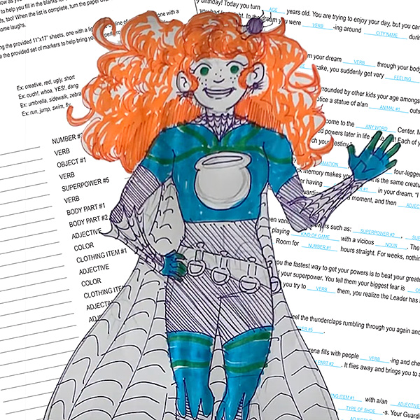 A superhero drawing overlays printed worksheets