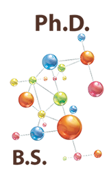 Stylized molecule graphic with BS at bottom and PhD at top