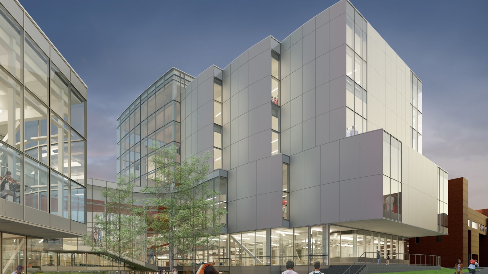The architectural drawing of the Shed shows an eight-story glass window building with trees and students in the foreground.. 
