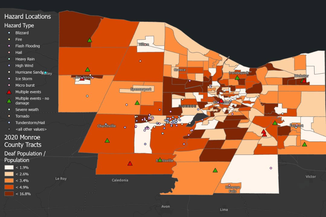 Map of Monroe County with shaded areas that represent Deaf population and weather-related hazard locations.