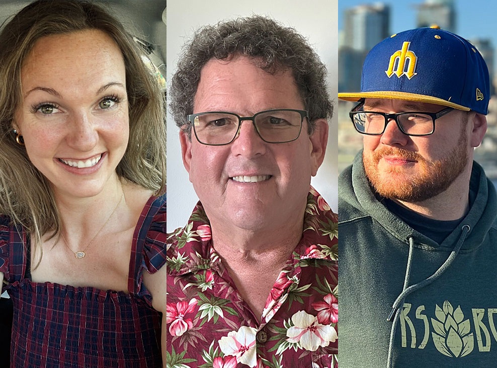 Three individuals in a collage. The first person on the left is smiling and wearing a plaid dress. The middle person is wearing glasses and a floral shirt, also smiling. The third person on the right is wearing glasses, a blue baseball cap, and a hoodie