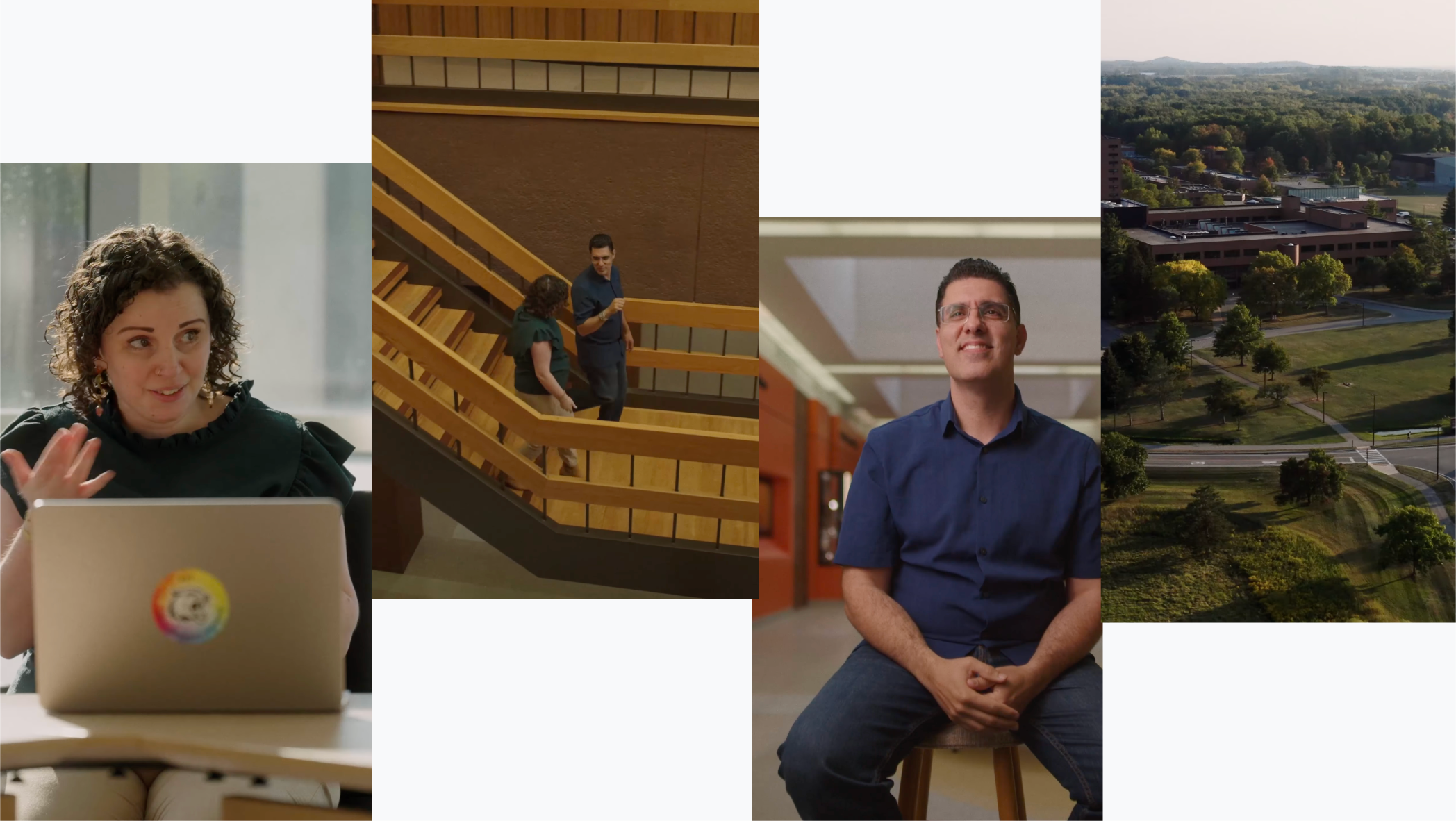 A composite of four images one with a person in front of her laptop, one with two people chatting on a staircase, one with a person sitting on a stool looking up, and an aerial view of campus.