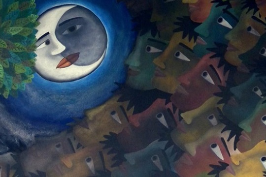 Painting of Faces looking up at the moon