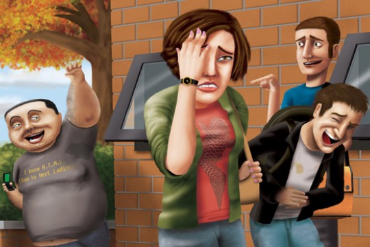 Art of three people laughing at another person