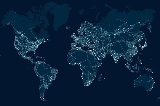 map of the world with cities connected by dots and lines.